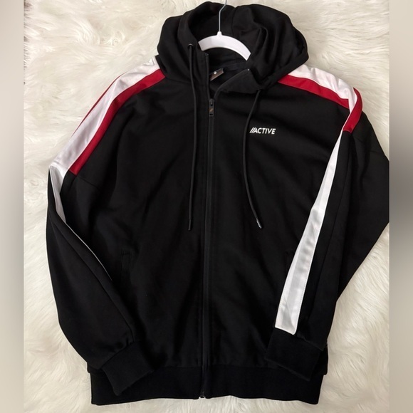 Tops - Active Black Hoodie with Red and White Stripes